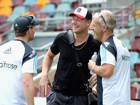 Making it fun . . . Andrew Flintoff with England captain Eoin Morgan and coach Peter Moores